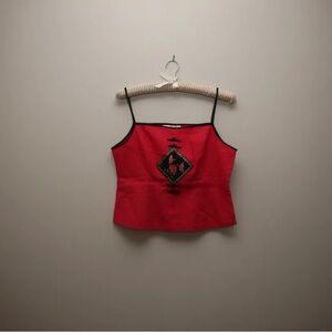 Red Embroidered Cami Top with Black Trim